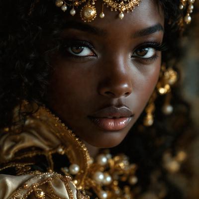 The primary subject of the image is a woman wearing gold jewelry and a gold crown. She is looking directly at the camera, with her eyes wide open. The setting appears to be a studio or a well-lit room, as the woman is the main focus of the image. The visual style is a close-up portrait, capturing the woman's facial expression and the intricate details of her gold jewelry. The colors in the image are predominantly gold, which gives the scene a warm and luxurious atmosphere.